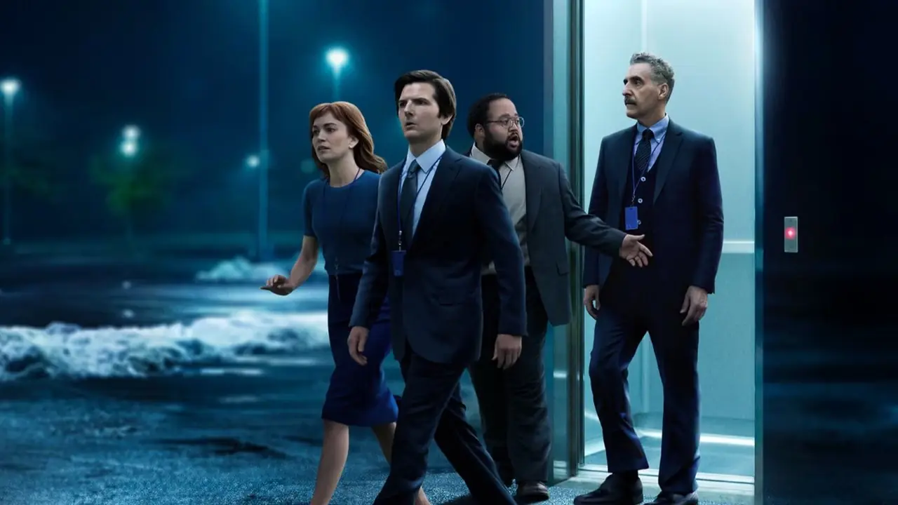 El elenco de Severance de AppleTV saliendo de un ascensor hacia un estacionamiento.