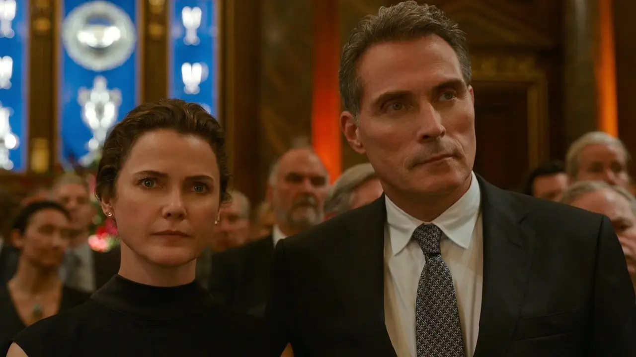 Keri Russell som ambassadør Kate Wyler og Rufus Sewell som Hal Wyler i The Diplomat