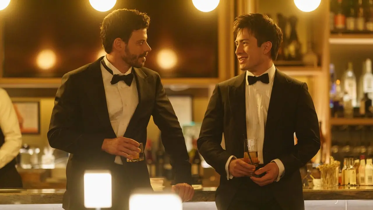 Shane y Scott hablan mientras usan esmoquin en un evento en la temporada 1 de Heating Rivalry.