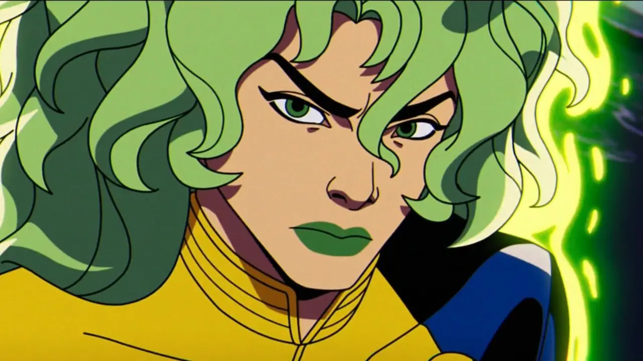 Polaris trägt eine gelb-blaue X-Men-Uniform und strahlt grüne Energie aus. Polaris trägt eine gelb-blaue X-Men-Uniform und strahlt grüne Energie aus.