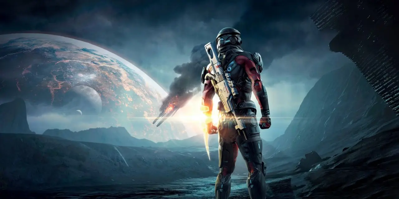 La parte trasera del Ryder de Mass Effect Andromeda, mirando un barco estrellándose. La parte trasera del Ryder de Mass Effect Andromeda, mirando un barco estrellándose.