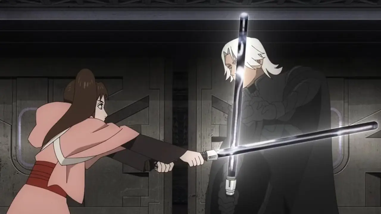 Lah Kara e Nawaam duelando com sabres de luz prateados em Star Wars: Visions Presents - O Nono Jedi episódio 8 Lah Kara e Nawaam duelando com sabres de luz prateados em Star Wars: Visions Presents - O Nono Jedi episódio 8