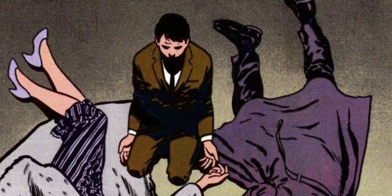 Młody Bruce Wayne klęczy przy ciałach swoich zmarłych rodziców Młody Bruce Wayne klęczy przy ciałach swoich zmarłych rodziców