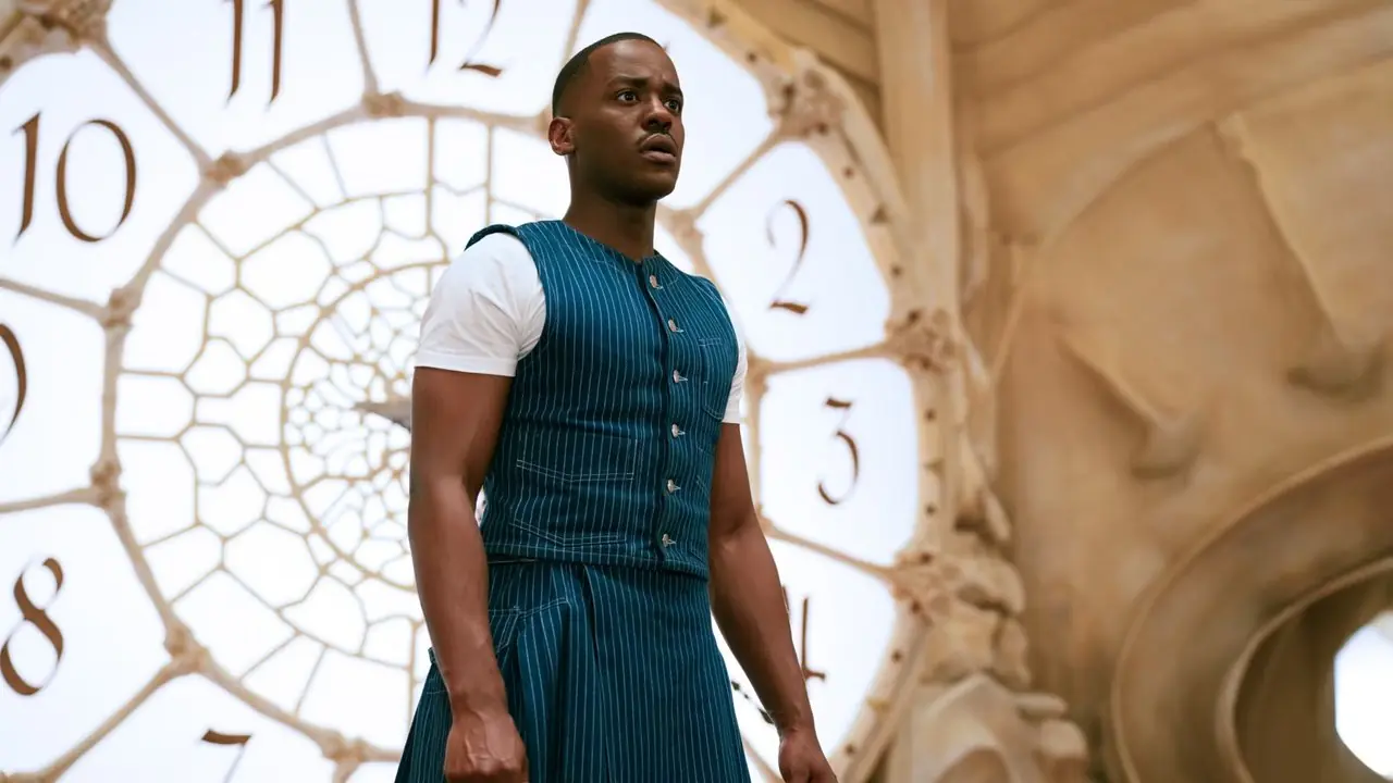 Ncuti Gatwa como el Decimoquinto Doctor parado frente a un reloj gigante en la temporada 15 de Doctor Who