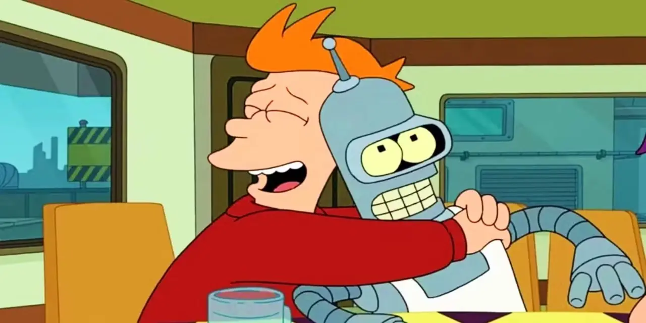 Fry abrazando a Bender en Futurama