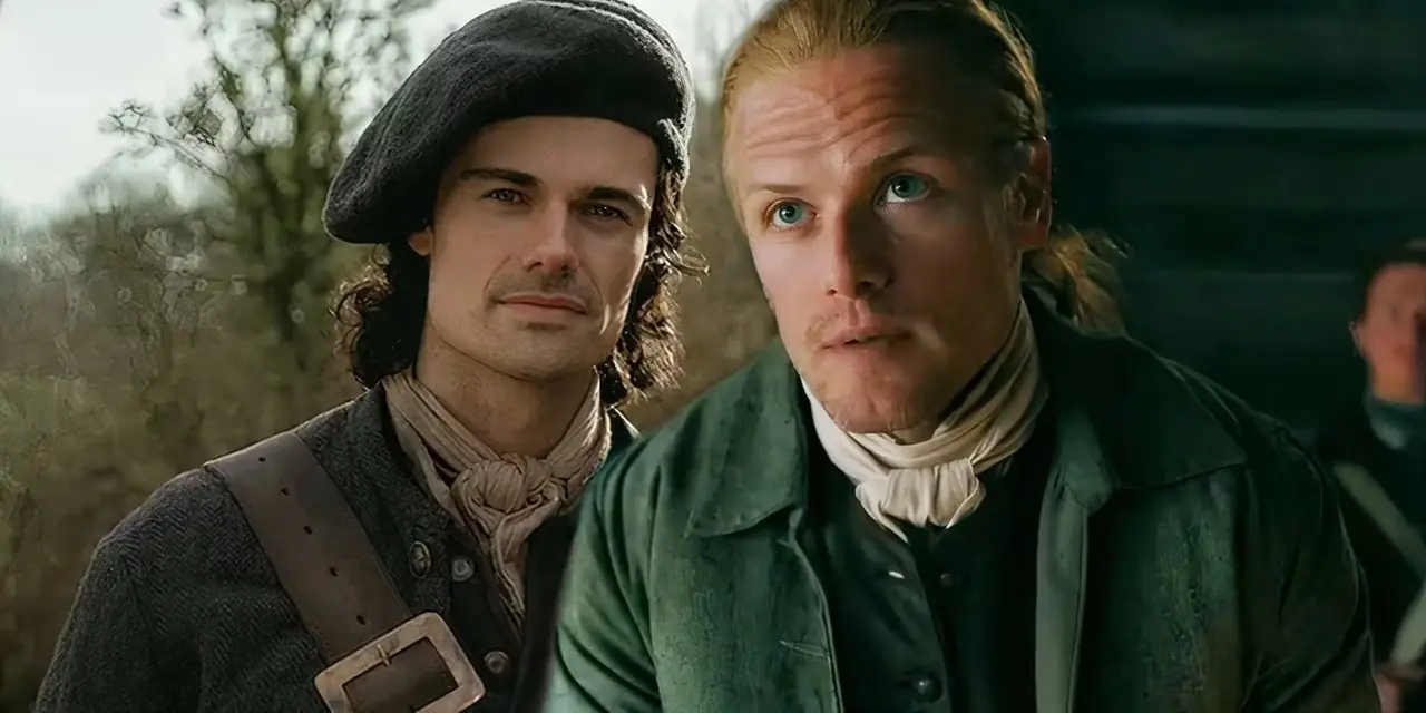 Brian, le père de Jamie, sourit dans Outlander Blood of My Blood à côté de Jamie qui a l'air sérieux dans la saison 7 d'Outlander