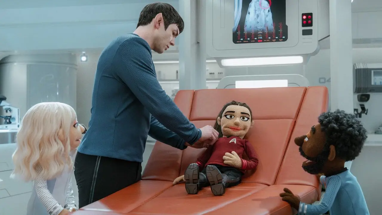 La'an Chapel과 M'Benga 인형을 들고 있는 Spock
