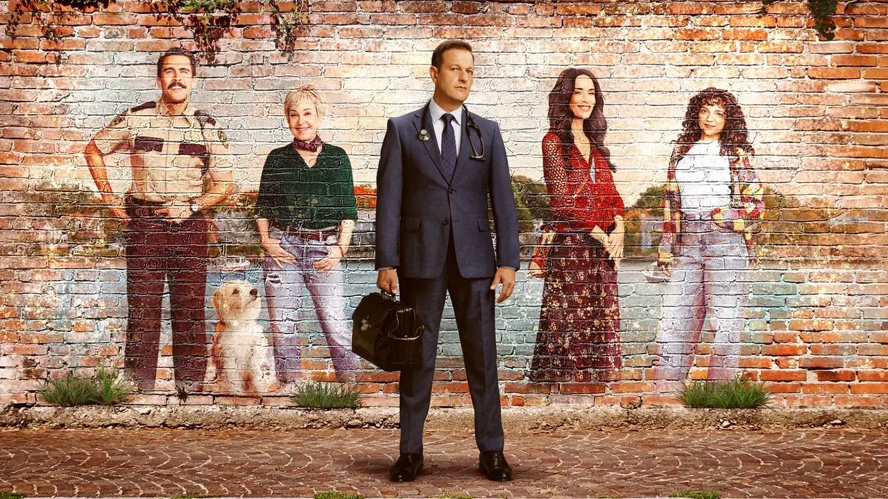 Josh Charles som Dr. Martin Best, Abigail Spencer som Louisa Gavin, Josh Segarra som Mark Mylow, Cree som Elaine Denton, og Annie Potts som tante Sarah på et promobilde for Beste medisin